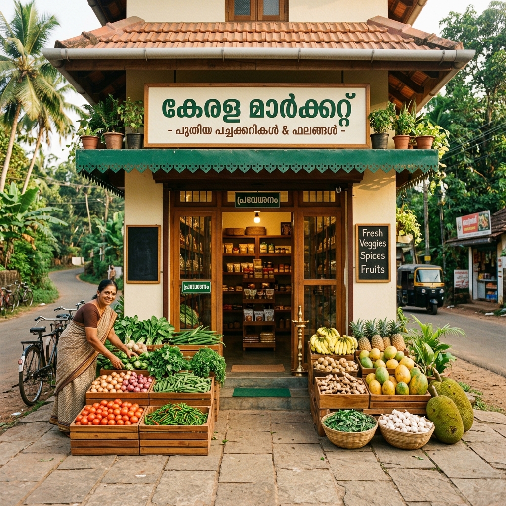 Local neighborhood supermarket in Kerala with fresh produce displays